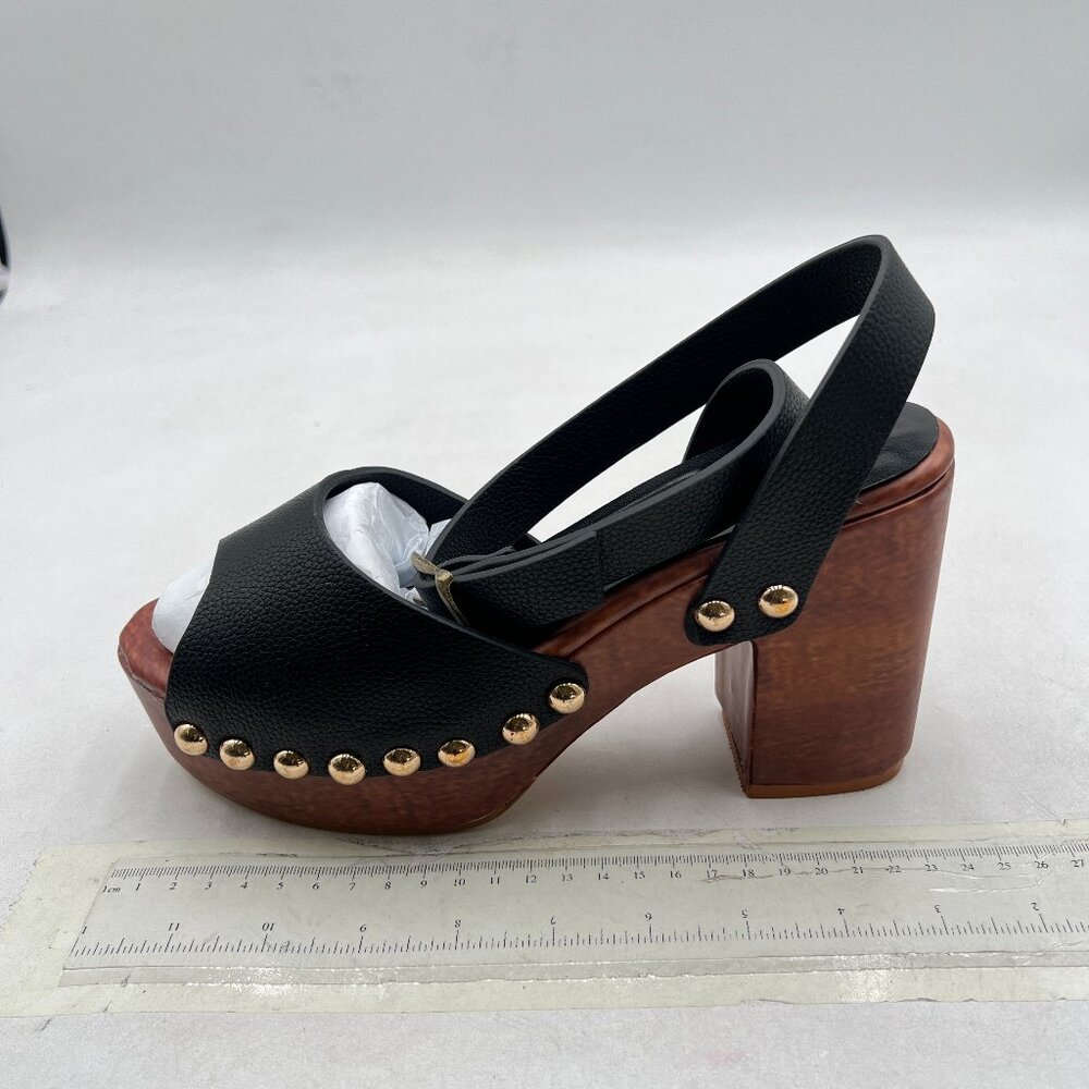 FSJ Black Studded Wooden Platform Sandals Open Toe Ankle Strap Shoes